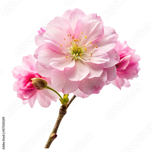 Delicate pink cherry blossom flower with bud isolated on transparent background
