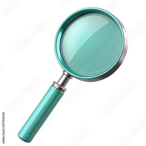 Modern teal magnifying glass with metallic handle isolated on transparent background