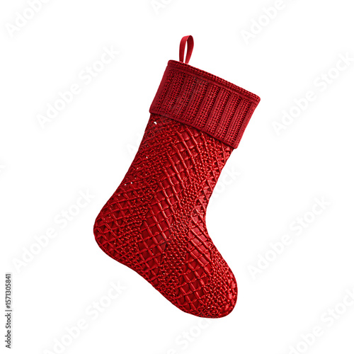 Luxurious red christmas stocking with intricate woven texture isolated on transparent background