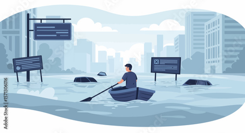 A man rows a boat through a flooded city street, with submerged cars and buildings in the background.