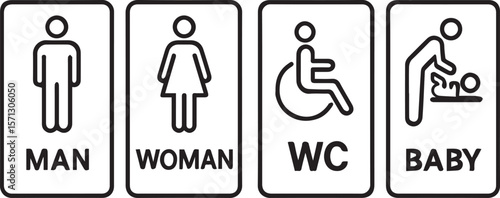 washroom signs. printable sticker of toilet symbol with man woman wc baby icons. restroom bathroom and change room sign. line art vector illustration. 