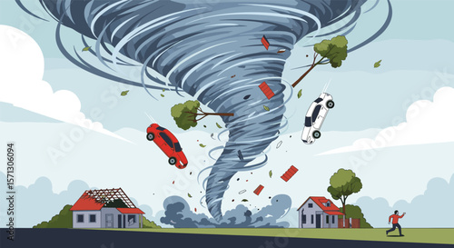 Massive destructive tornado swirling above a small town with cars and debris flying