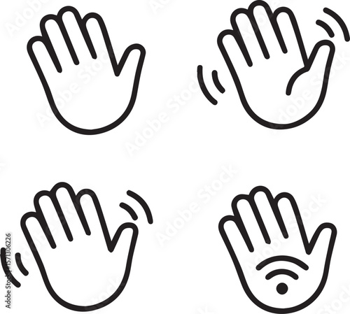 Waving hand icons. Hand gesture as a symbol of hi, hello, or bye line art vector illustration 