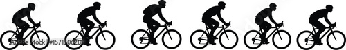 Silhouettes of six male cyclists riding in line, professional biking, road racing, fitness activity, sports vector illustration, motion graphic