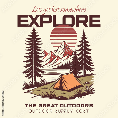 outdoors t-shirt design. big pain tree and explore. Adventure Begins Vintage Camping Scene With Off-Road Vehicle And Campfire