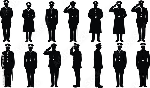 Silhouettes of uniformed soldiers saluting, standing at attention, military personnel in formation, army vector illustration, respect, discipline, service, honor
