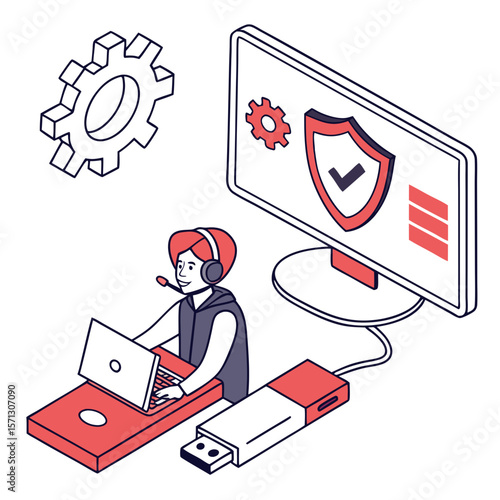 Isometric Illustration of a Technician Troubleshooting a Computer System