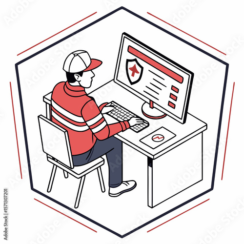 Isometric Illustration of Man Working at Computer with Security Shield on Screen