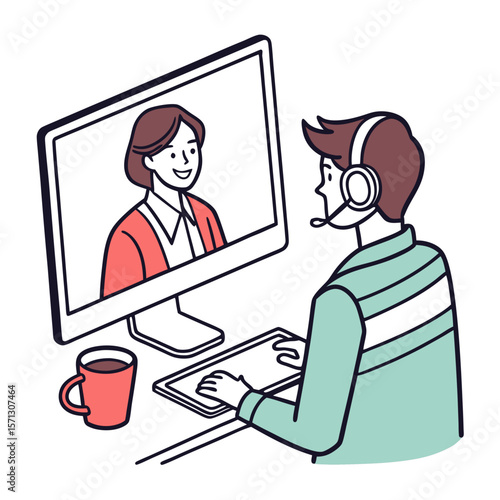 Man in Headset Participating in Online Video Conference with Woman