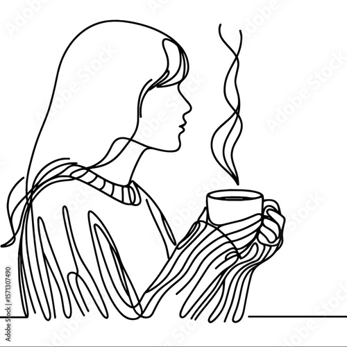 Minimalist line drawing of a woman in a sweater holding a steaming cup, black outline on white background, cozy winter coffee or tea concept