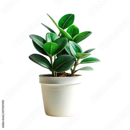 Vibrant green ficus elastica plant in a white pot isolated on transparent background