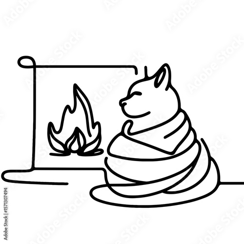 Minimalist line drawing of a cozy cat wrapped in a blanket sitting by the fireplace, black outline on white background, warm winter home concept