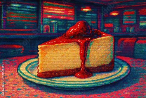 Retro diner charm: cheesecake with strawberry topping in vibrant colors