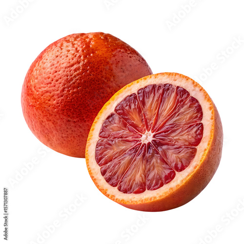 Whole and halved blood orange with vibrant red flesh isolated on transparent background