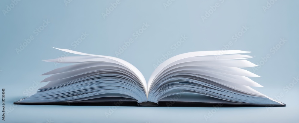 Fototapeta premium The open book with pages elegantly fanned against a soft blue backdrop.