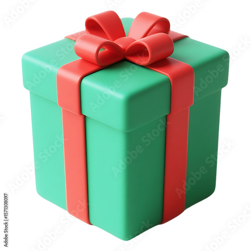 A teal gift box with a red ribbon and bow isolated on transparent background