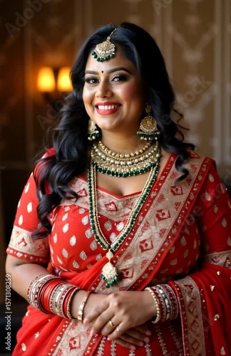 Smiling Indian woman in ornate red saree and bridal jewelry posing gracefully indoors, radiating elegance, cultural heritage, and festive wedding charm, Generative Ai.