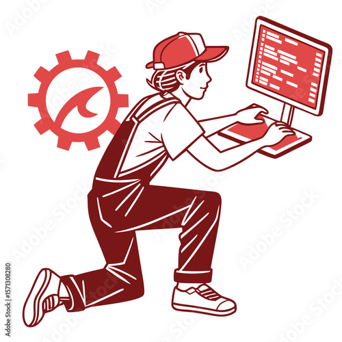 Red Monochrome Illustration of Technician Repairing Computer