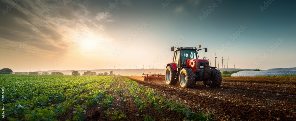 Fototapeta premium The vibrant tractor cultivating fields under a beautiful sunset in the countryside