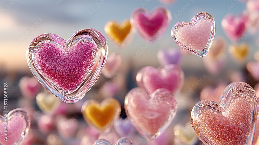 Obraz premium Floating Glass Heart Containers with Particle Interior | World Emoji Day Sweet Reflective Symbol
