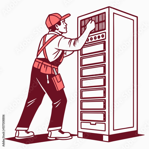 Technician Repairing a Server Rack in Red and White Illustration
