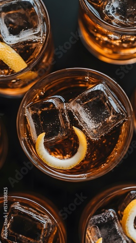 Overhead view of several glasses of cocktails with ice and lemon zest.