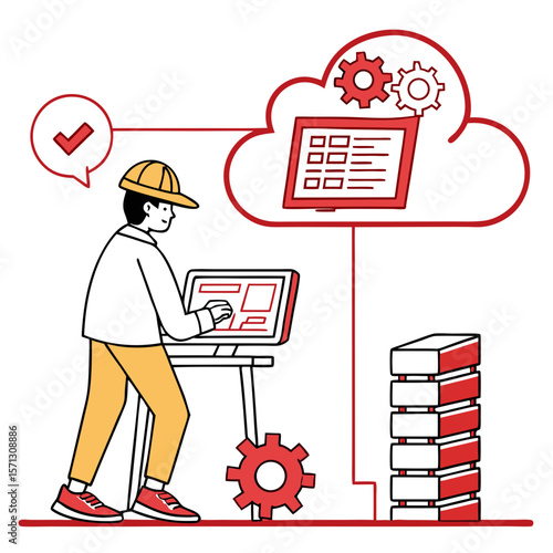 Technician Working on a Computer System with Cloud Server