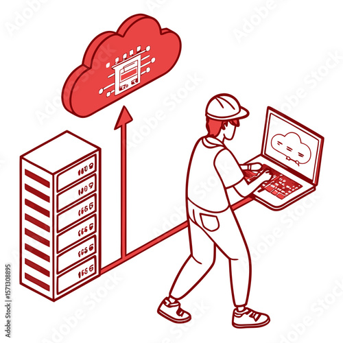 Technician Working on Cloud Computing System, Isometric Illustration