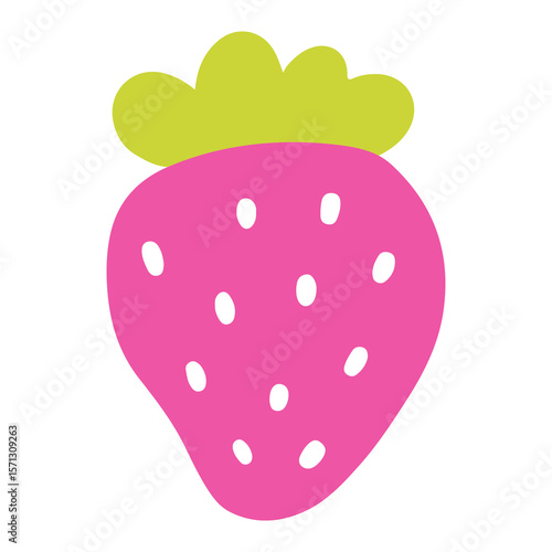 Bright pink strawberry with green leaves on white background in flat graphic style. 