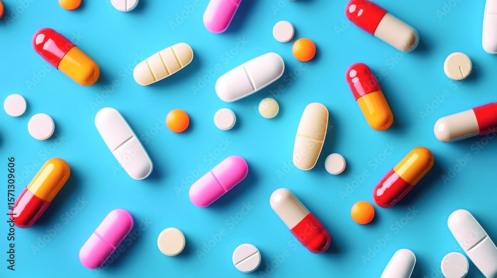 Colorful capsules and pills are scattered against a bright blue background Colorful capsules and pills are scattered against a bright blue background
