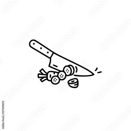 Kitchen knife chopping vegetables in simple linear vector icon  