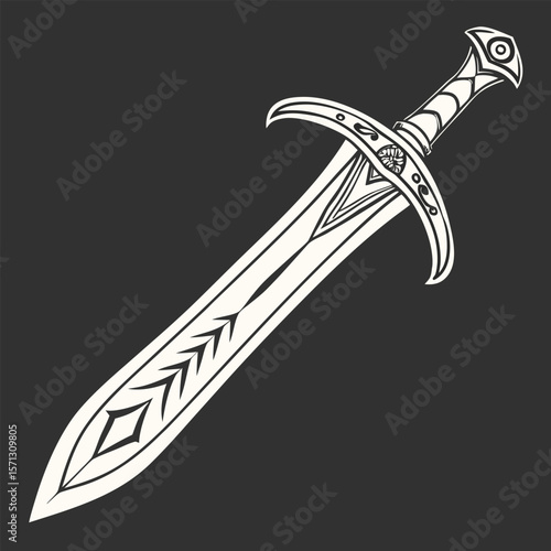Ornate Ancient Sword Design with Decorative Geometric Patterns and Symbols