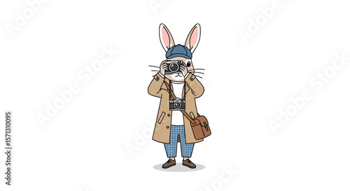 Anthropomorphic rabbit character capturing moments with a vintage camera
