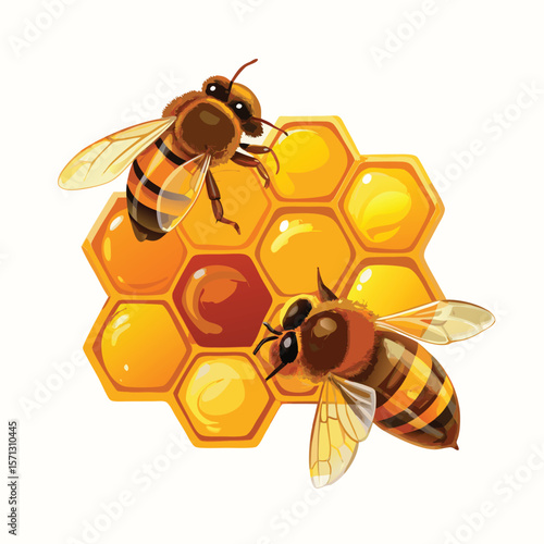 Two bees on honeycomb with golden honey insects yellow