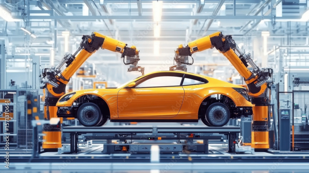 robot assembly line in car factory. Modern vehicle production, plant process. Automobile production. Automotive industry robot assembly line in car factory. Modern vehicle production, plant process. Automobile production. Automotive industry