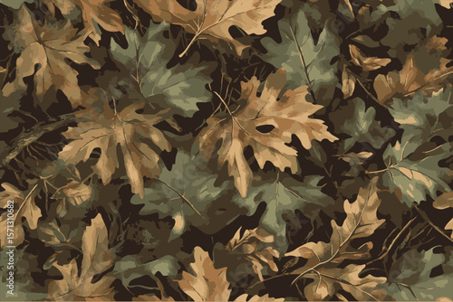 A seamless pattern of camouflage, realistic and detailed foliage, with green and brown leaves, in an autumn forest setting. Real Tree Camouflage pattern for military and outdoor activities.
