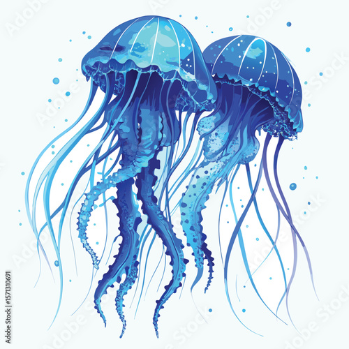 Two blue jellyfish with long tentacles and water bubbles ocean marine