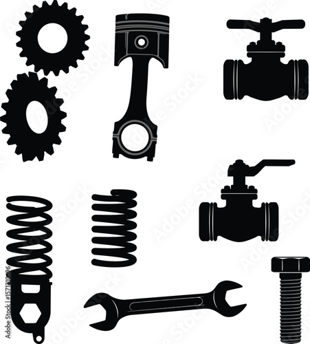 Diverse Industrial Mechanical Components Vector Collection: Gears, Piston, Valves, Springs, Wrench, and Bolt Silhouettes for Engineering and Repair Themes.