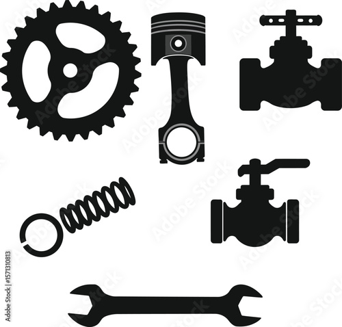 Industrial Mechanical and Plumbing Parts Vector Collection: Gears, Piston, Valves, Spring, and Wrench Silhouettes for Engineering and Repair Concepts.