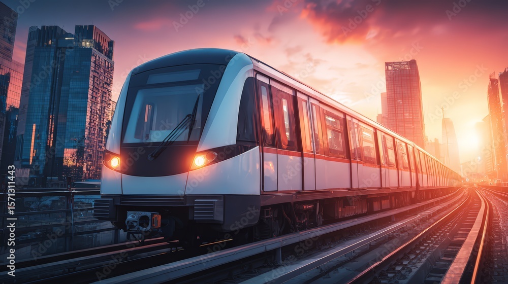 Naklejka premium A modern train navigates through a vibrant urban landscape at sunset.