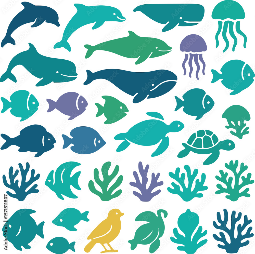 Fototapeta premium Colourful Sea Life and Ocean Animal Silhouette Icons Set — Flat Marine Vector Collection
