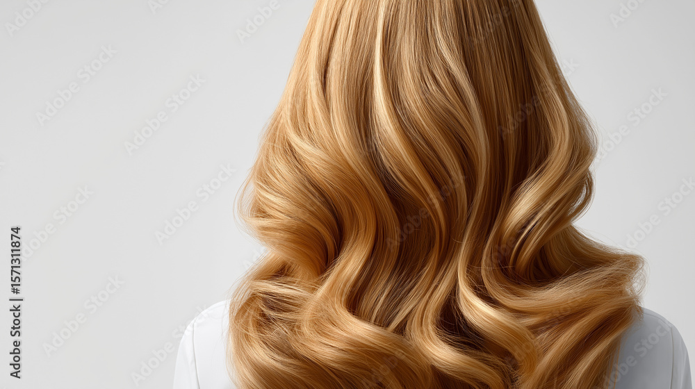 Fototapeta premium Blonde Frau mit langen gewellten Haaren von hinten vor neutralem Hintergrund