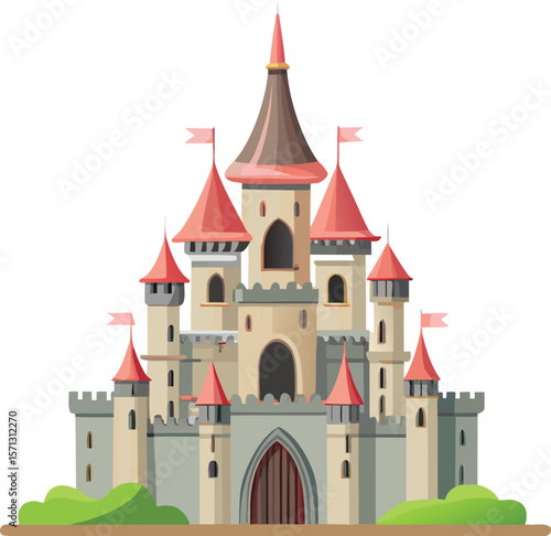Majestic castle with red turrets and flags medieval fortress