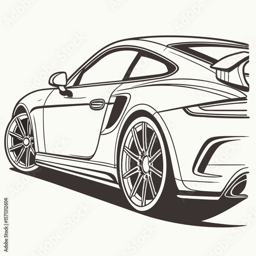 Illustration of a sleek sports car with detailed wheels and aerodynamic design in black and white style