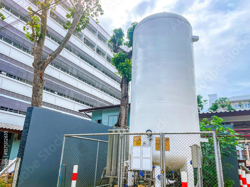 Liquid Oxygen Gas Storage Tank for storing oxygen in liquid state and supplying oxygen to various usage points in hospital buildings in either liquid or gas form.