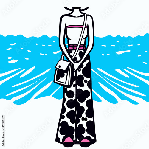 Headless Woman in Cow Print Pants by the Ocean