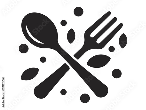 Stylized black spoon and fork crossed with scattered dots and leaf shapes