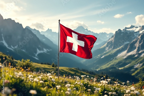 Swiss Flag Fluttering in Alpine Meadow Switzerland Mountains Scenery