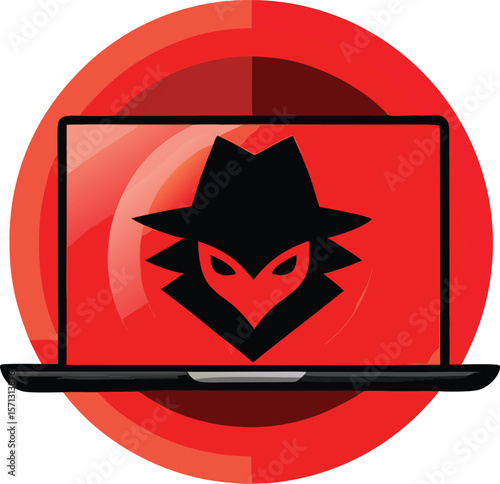 Laptop displaying shadowy figure wearing hat and mask computer screen