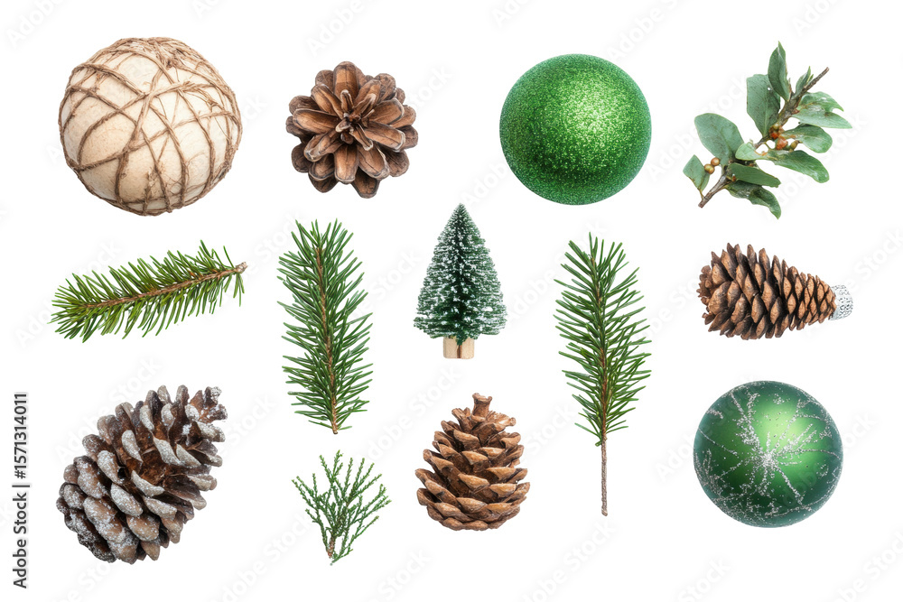 Fototapeta premium Festive Elements: A collection of natural and decorative elements come together, showcasing the festive spirit with ornaments, pinecones and branch.